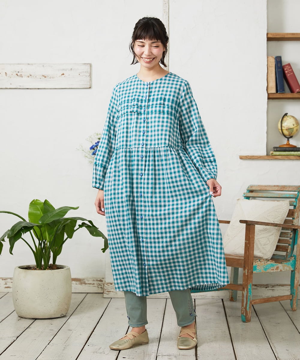GJEFD32280 Jocomomola(ホコモモラ) Puntada ギンガムチェックシャツワンピース ブルーグリーン