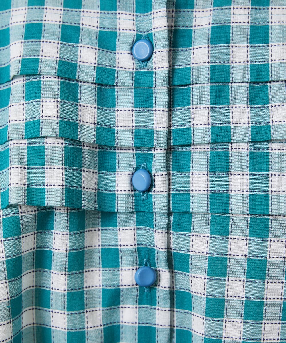 GJEFD32280 Jocomomola(ホコモモラ) Puntada ギンガムチェックシャツワンピース ブルーグリーン