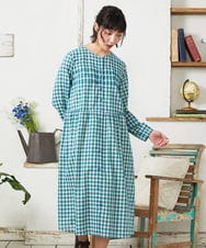 GJEFD32280 Jocomomola(ホコモモラ) Puntada ギンガムチェックシャツワンピース ブルーグリーン