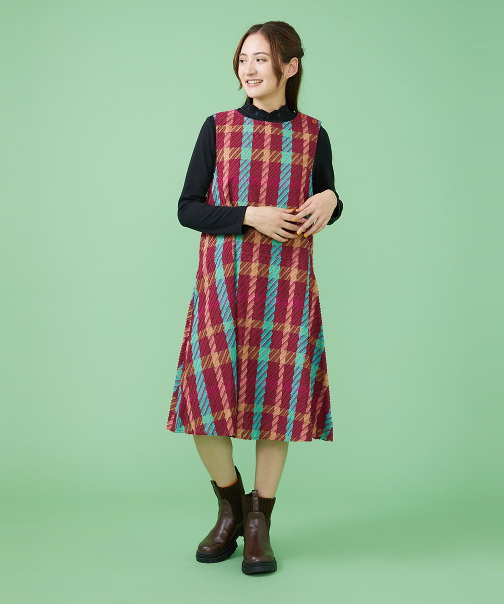 GJEFS32280 Jocomomola(ホコモモラ) Franja チェックワンピース ワイン