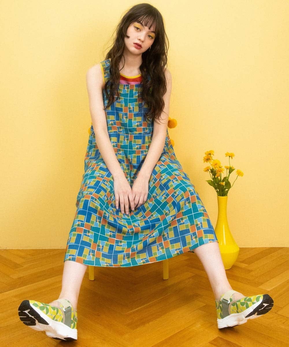 GJEGA01280 Jocomomola(ホコモモラ) Amarillo lima プリントノースリーブワンピース ブルー