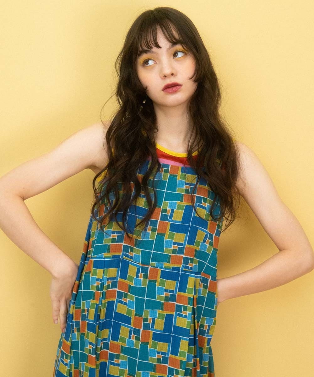 GJEGA01280 Jocomomola(ホコモモラ) Amarillo lima プリントノースリーブワンピース ブルー