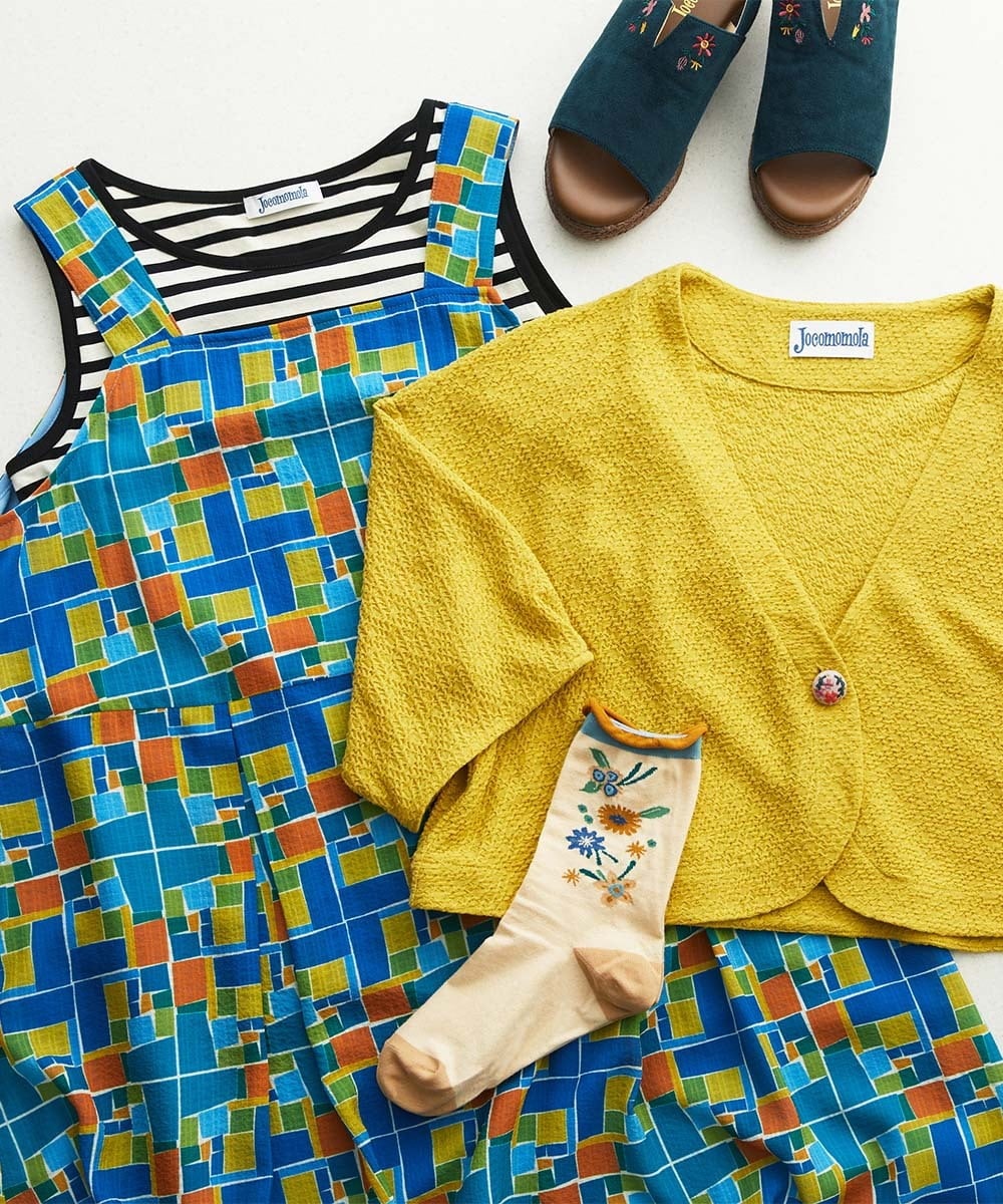 GJEGA01280 Jocomomola(ホコモモラ) Amarillo lima プリントノースリーブワンピース ブルー