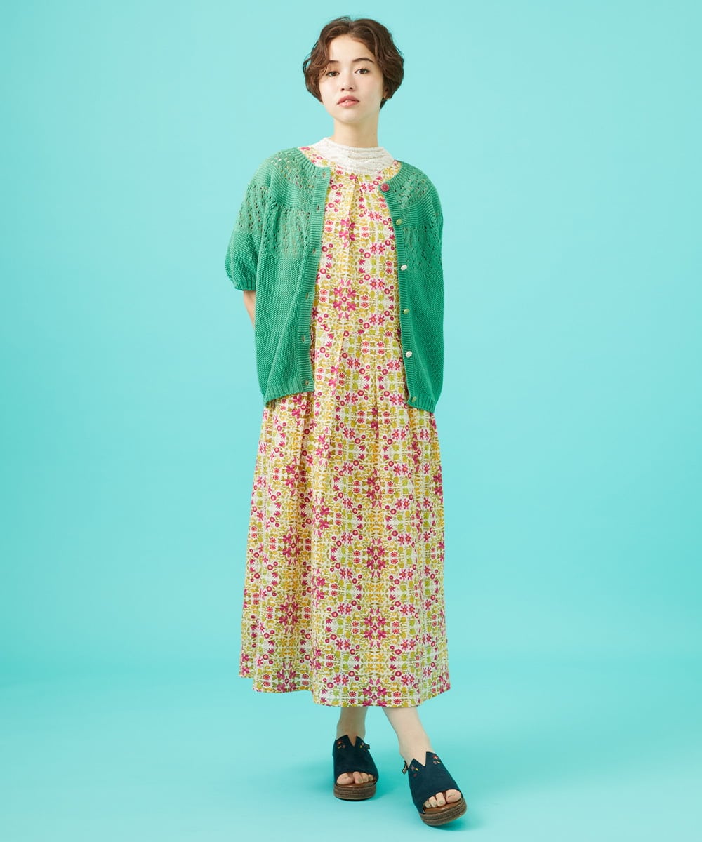 GJEGA70360 Jocomomola(ホコモモラ) 【日本製】Rosa flamenco フラワープリントタックワンピース ブルー