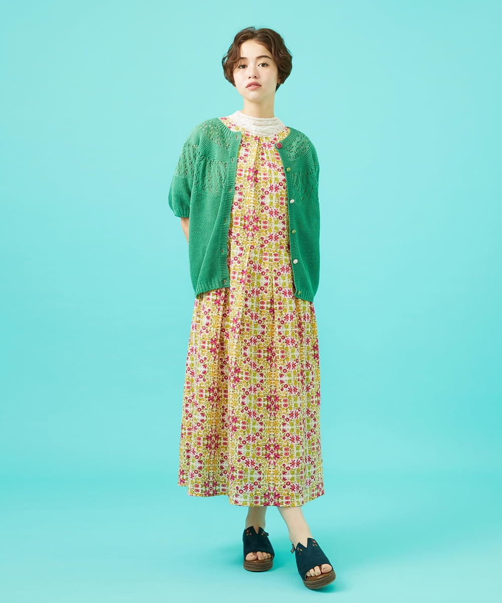 GJEGA70360 Jocomomola(ホコモモラ) 【日本製】Rosa flamenco フラワープリントタックワンピース ブルー