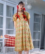 GJEGB38290 Jocomomola(ホコモモラ) Verde esmeralda リネンプリントワンピース オレンジ