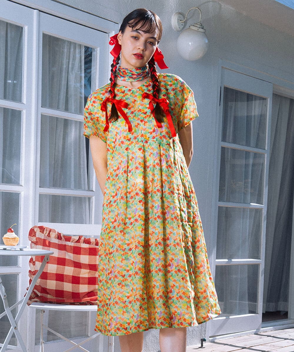 GJEGB38290 Jocomomola Verde esmeralda リネンプリントワンピース