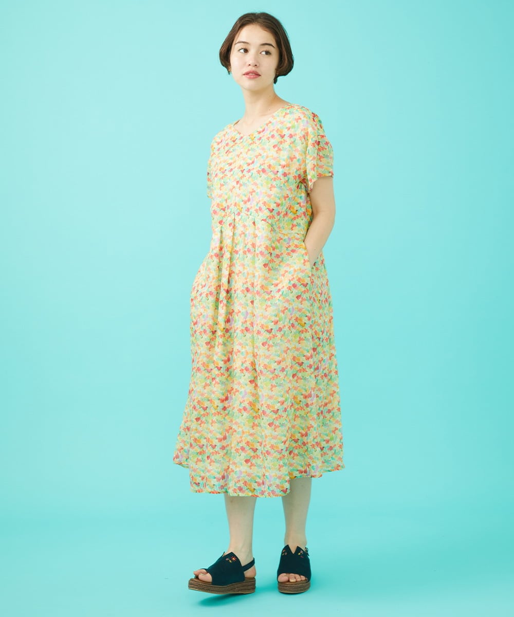 GJEGB38290 Jocomomola(ホコモモラ) 【先行予約】Verde esmeralda リネンプリントワンピース オレンジ