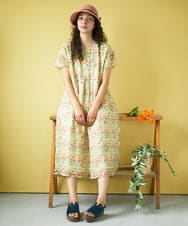 GJEGB38290 Jocomomola(ホコモモラ) 【先行予約】Verde esmeralda リネンプリントワンピース オレンジ