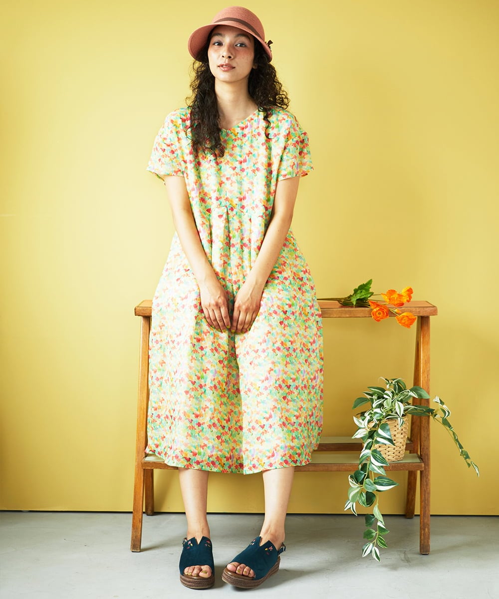 GJEGB38290 Jocomomola(ホコモモラ) Verde esmeralda リネンプリントワンピース ブルー