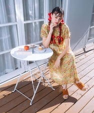 GJEGB38290 Jocomomola(ホコモモラ) Verde esmeralda リネンプリントワンピース ブルー