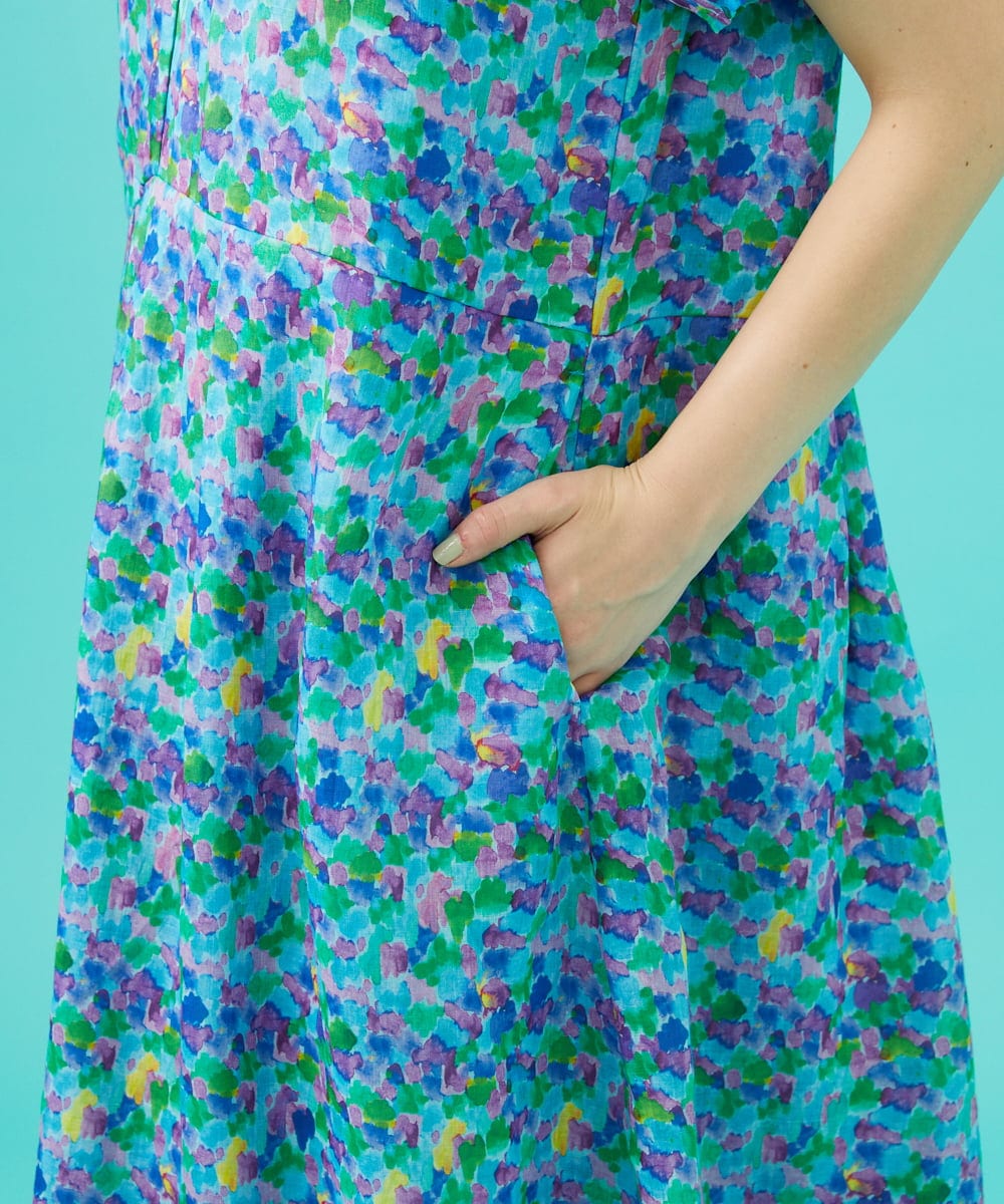 GJEGB38290 Jocomomola(ホコモモラ) Verde esmeralda リネンプリントワンピース ブルー