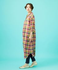 GJEGB40290 Jocomomola(ホコモモラ) ウェーブドビーチェックシャツワンピース ブルー