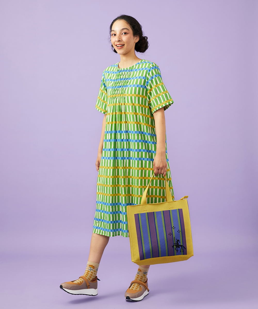 GJEGD30270 Jocomomola(ホコモモラ) Enganar チェック柄スモッキング刺繍ワンピース グリーン