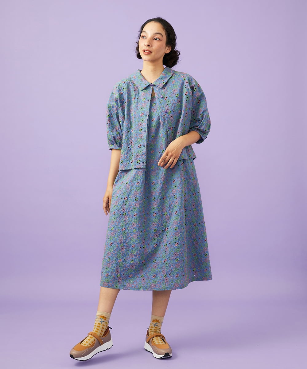 GJEGD34340 Jocomomola(ホコモモラ) 【2WAY】Semilla フラワー総刺繍ワンピース ブルー