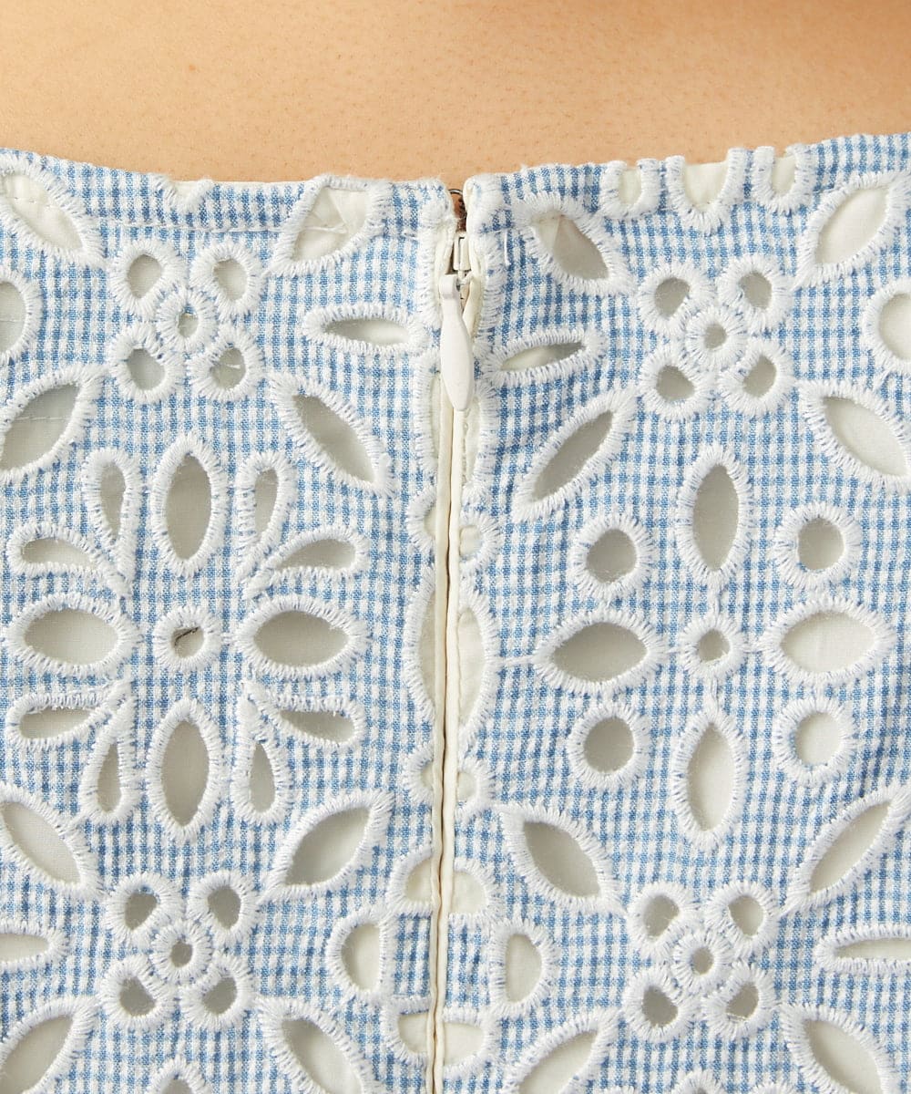 GJEGD50360 Jocomomola(ホコモモラ) Dordado de verano フラワーカットワーク刺繍 ギンガムチェックワンピース [オケージョン対応] ライトブルー