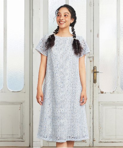 GJEGD50360 Jocomomola Dordado de verano フラワーカットワーク刺繍 ギンガムチェックワンピース [オケージョン対応]