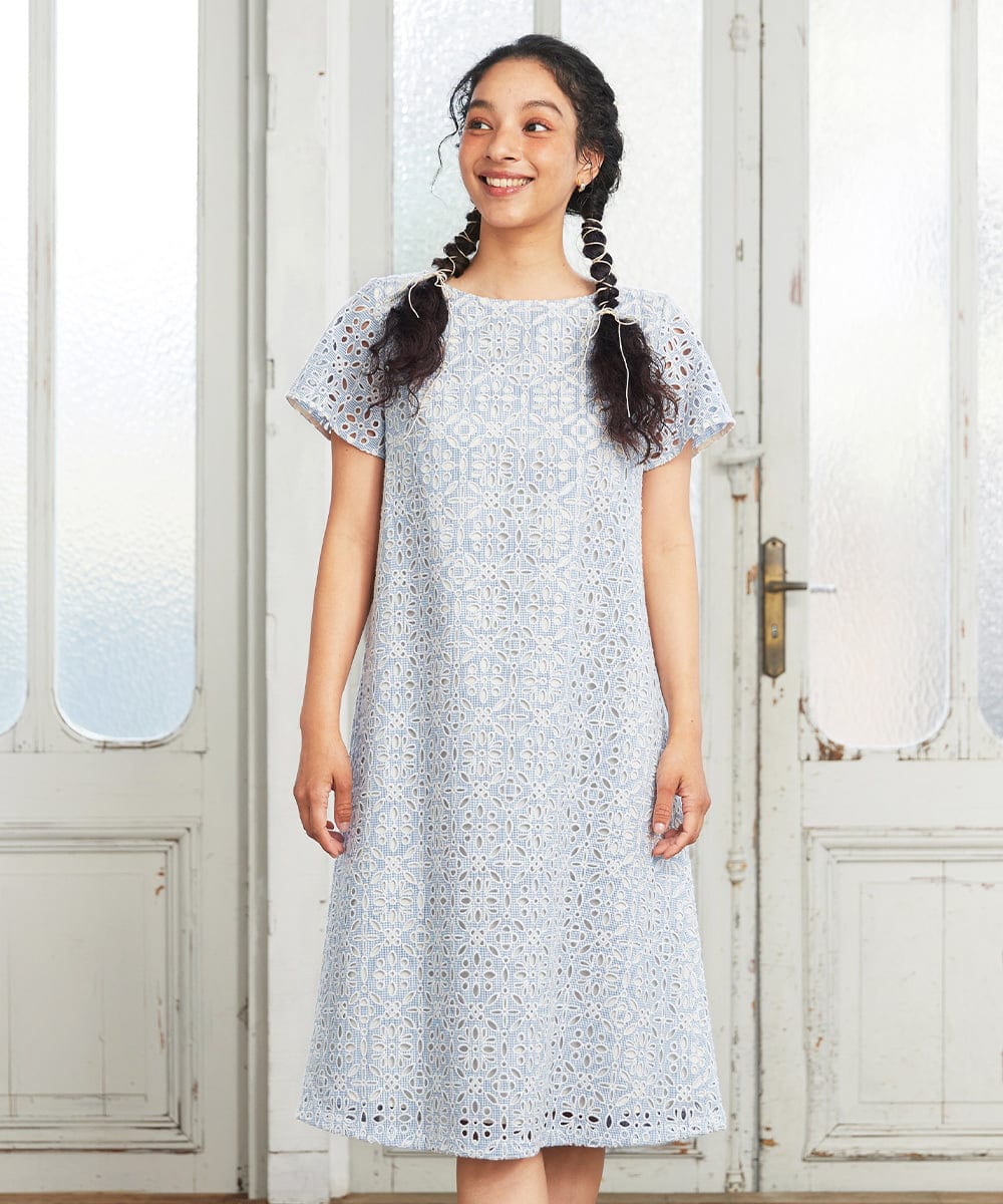 GJEGD50360 Jocomomola Dordado de verano フラワーカットワーク刺繍 ギンガムチェックワンピース [オケージョン対応]