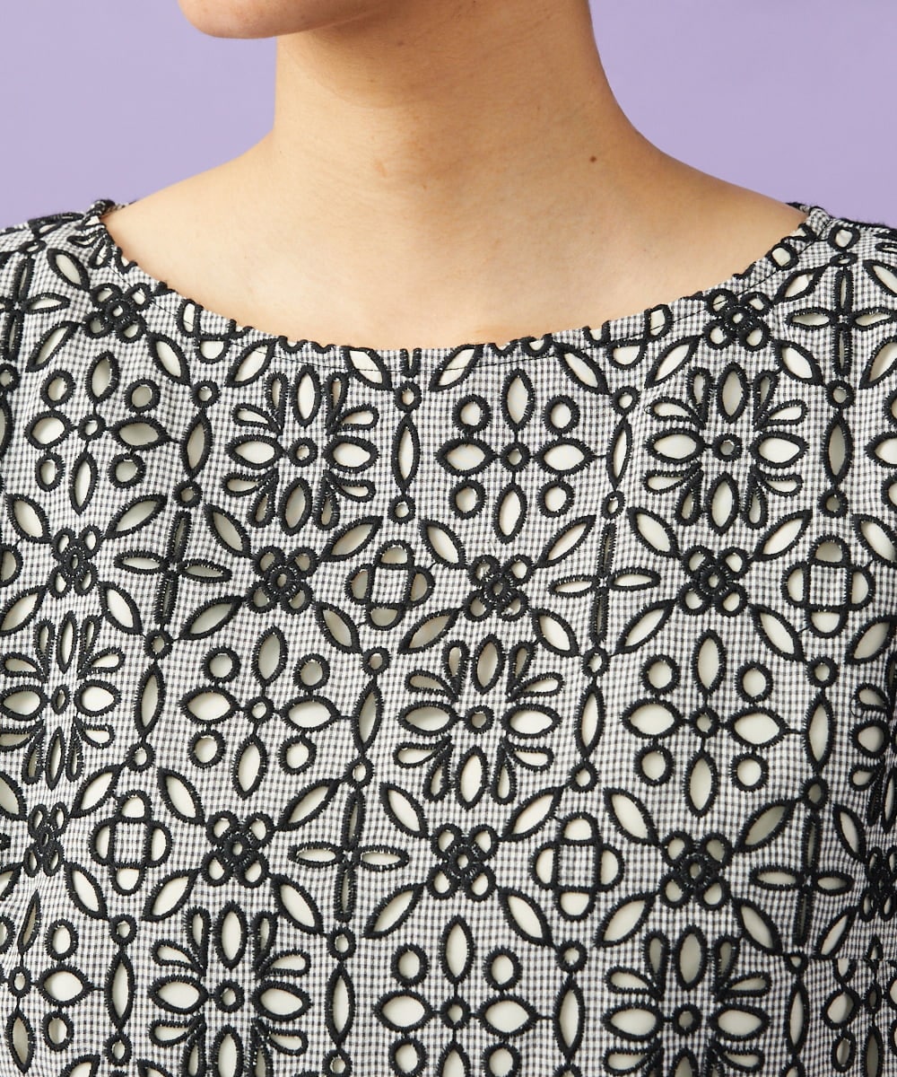 GJEGD50360 Jocomomola(ホコモモラ) Dordado de verano フラワーカットワーク刺繍 ギンガムチェックワンピース [オケージョン対応] ブラック