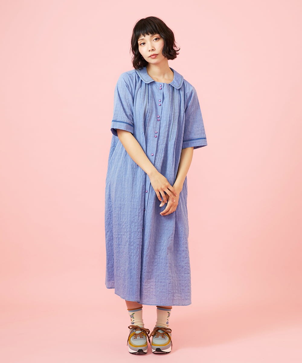GJEGE40280 Jocomomola(ホコモモラ) シャーリングシャンブレーワンピース ブルー