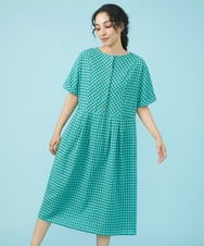 GJEGW38250 Jocomomola(ホコモモラ) シャーリングギンガムチェックワンピース ライトブルー×グリーン