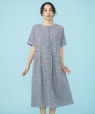 GJEGW38250 Jocomomola(ホコモモラ) シャーリングギンガムチェックワンピース アイボリー×ネイビー