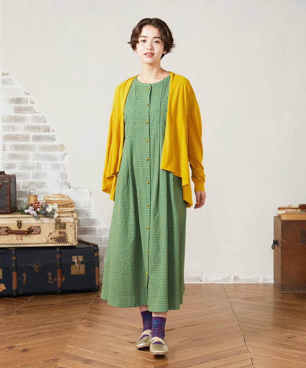 GJEHA35280 Jocomomola(ホコモモラ) Chiquito チェックフレンチスリーブワンピース アイボリー