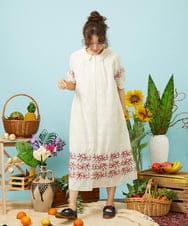 GJEHD32280 Jocomomola(ホコモモラ) Sendero de flores フラワー刺繍シャツワンピース アイボリー