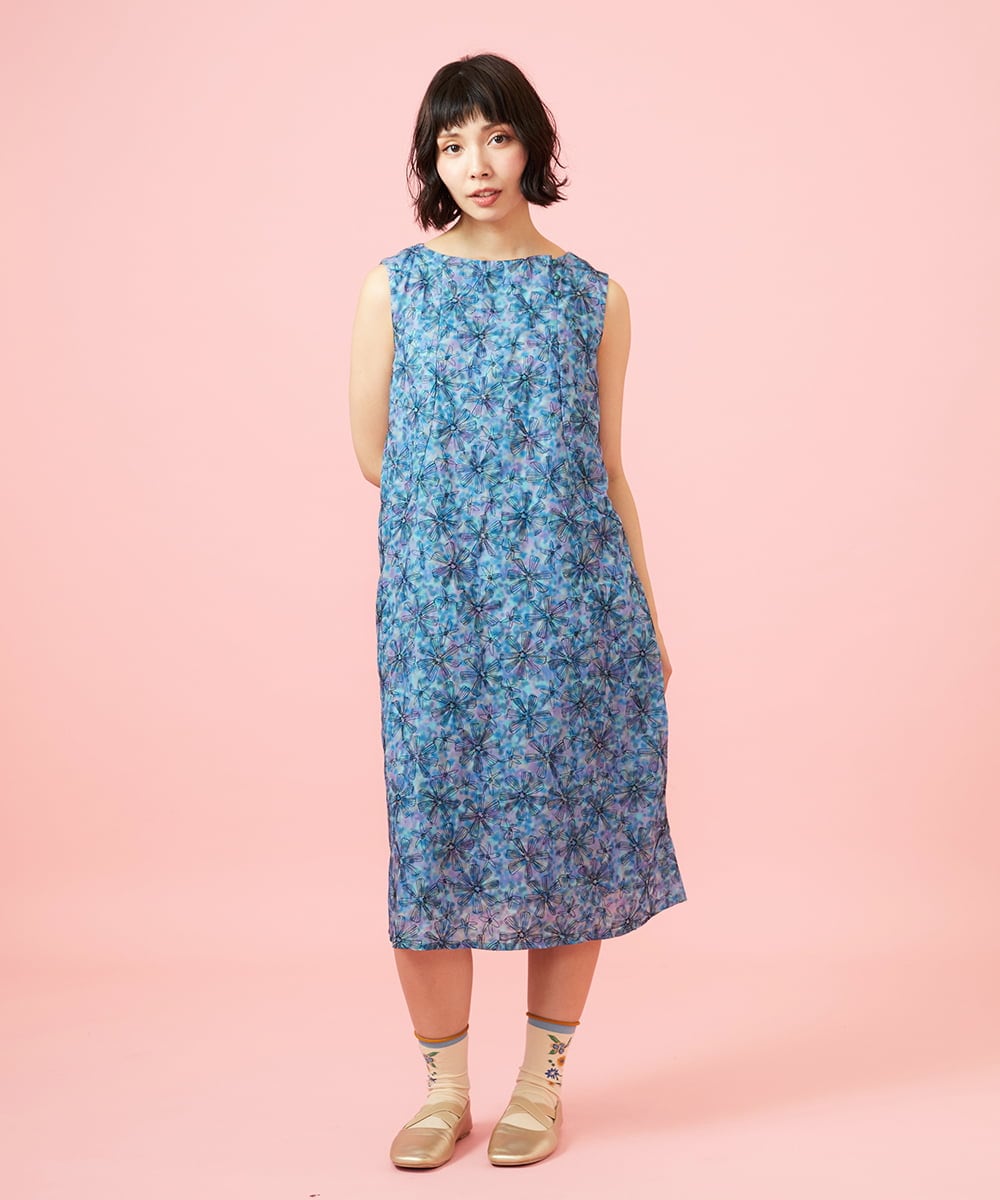 GJEHD51350 Jocomomola(ホコモモラ) Ilusion フラワー総刺繍ノースリーブワンピース ブルー