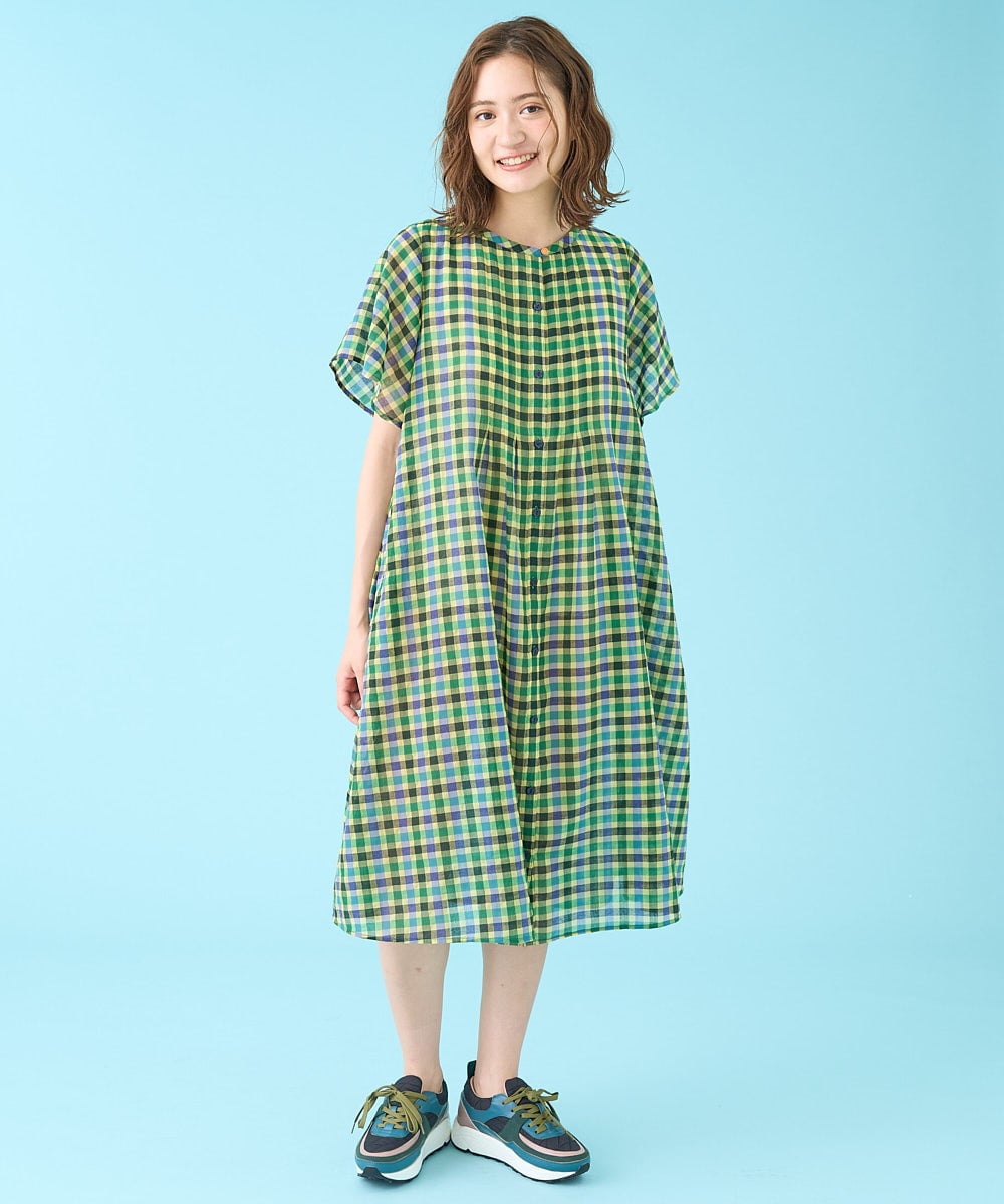 GJEHV35300 Jocomomola(ホコモモラ) Rocio シアーチェックシャツワンピース ピンク系