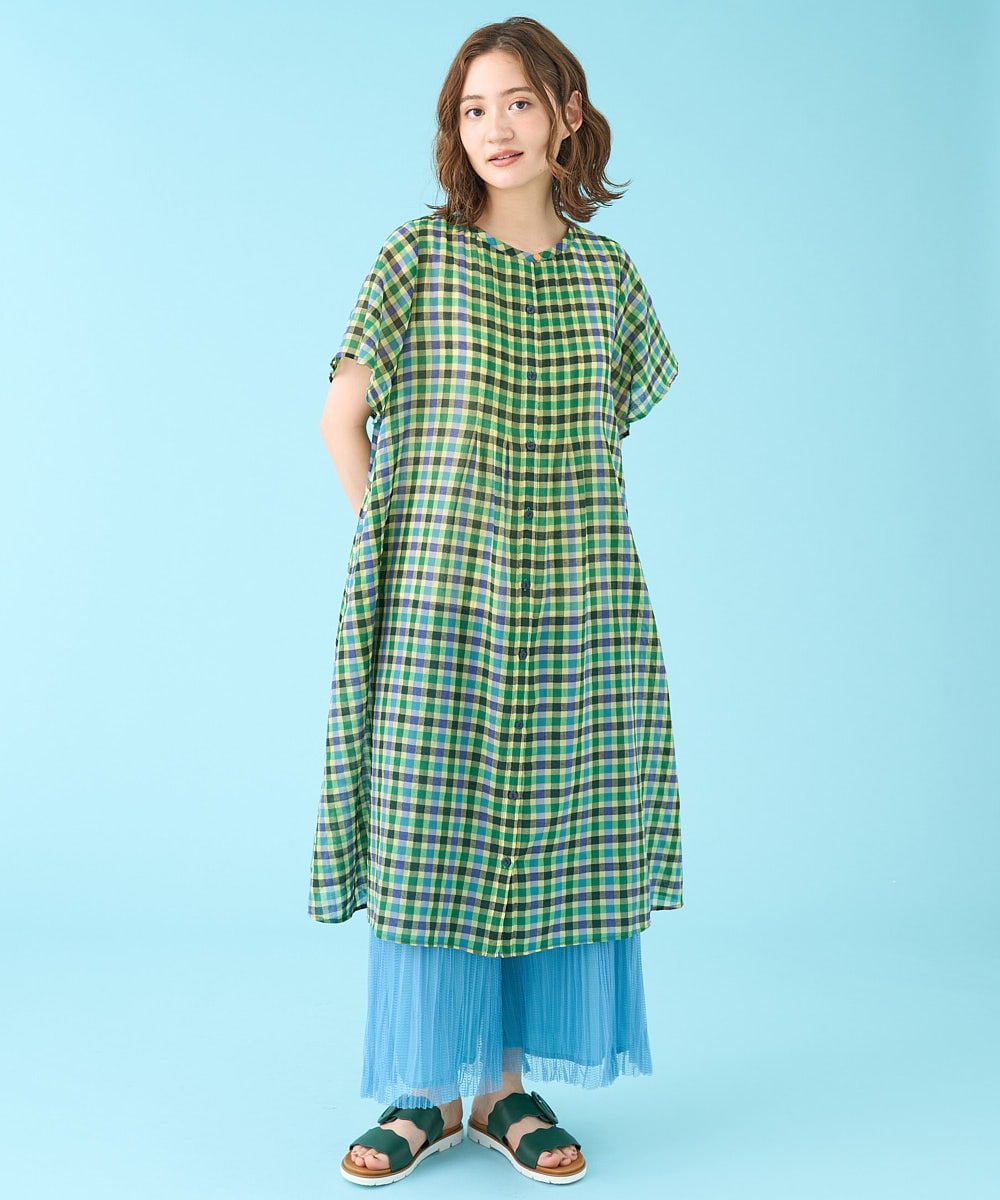 GJEHV35300 Jocomomola(ホコモモラ) Rocio シアーチェックシャツワンピース ピンク系