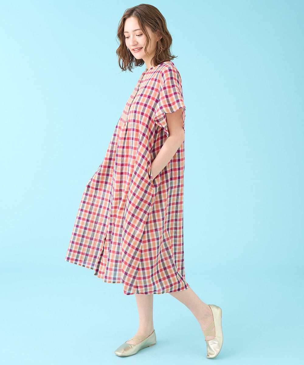 GJEHV35300 Jocomomola(ホコモモラ) Rocio シアーチェックシャツワンピース ピンク系