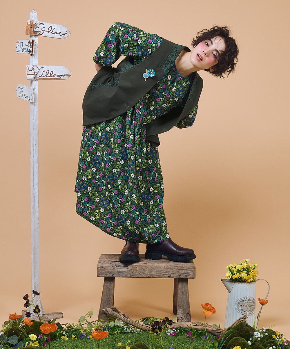 GJEJB02280 Jocomomola(ホコモモラ) Calle de la Flor Alta フラワープリントワンピース ベージュ