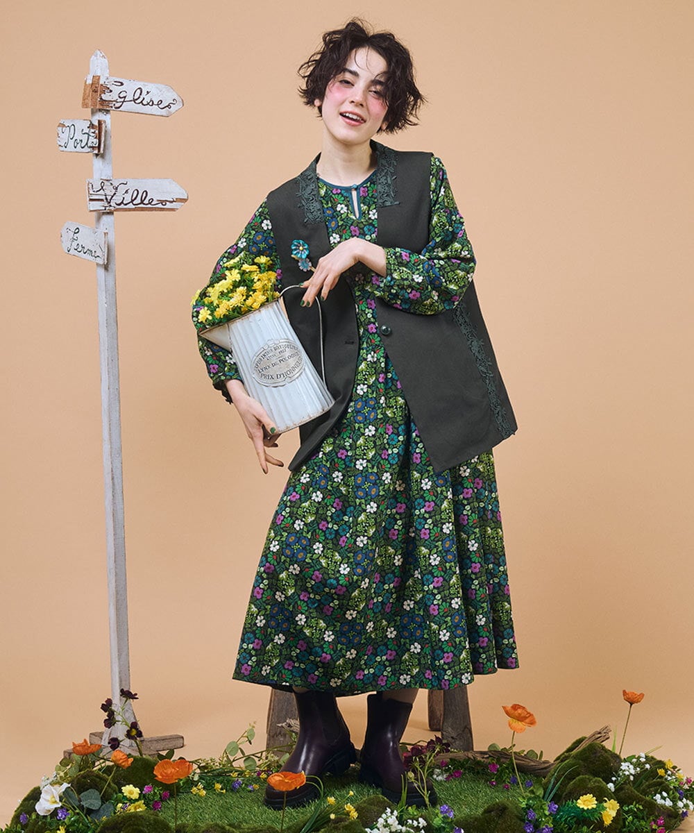GJEJB02280 Jocomomola(ホコモモラ) Calle de la Flor Alta フラワープリントワンピース ベージュ