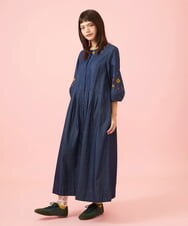 GJEJE37280 Jocomomola(ホコモモラ) フラワー刺繍デニムワンピース ネイビー