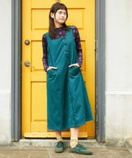 GJEJE38280 Jocomomola(ホコモモラ) スクエアネックツイルジャンパースカート ブルーグリーン
