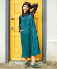 GJEJE38280 Jocomomola(ホコモモラ) スクエアネックツイルジャンパースカート ブルーグリーン