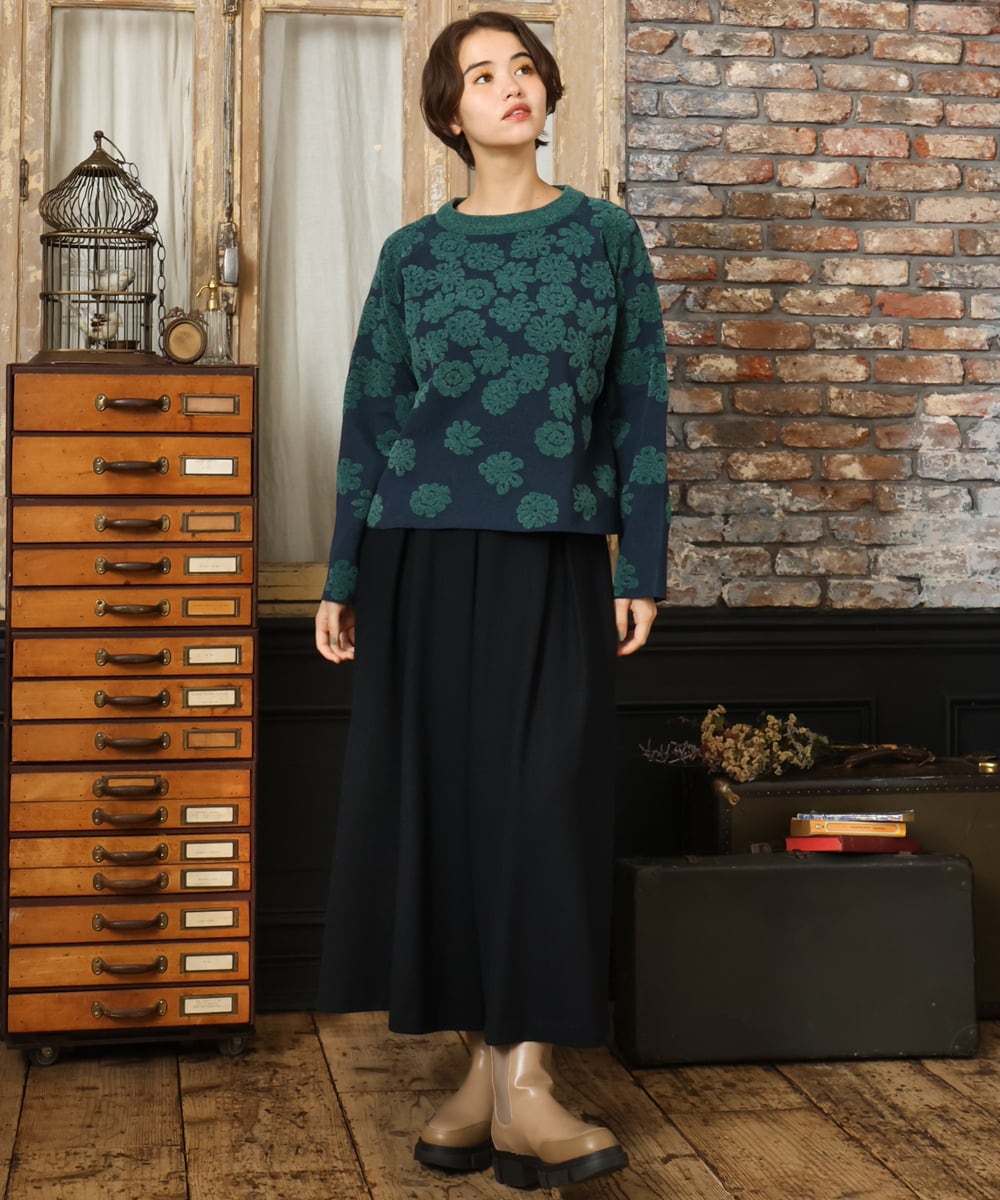 GJFAD01220 Jocomomola(ホコモモラ) Flor suave フラワージャカードニットプルオーバー ネイビー