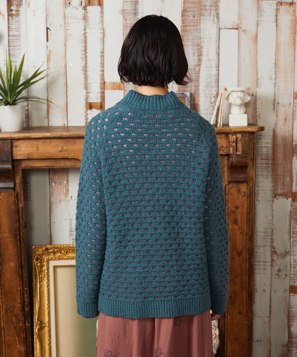 GJFAE34200 Jocomomola(ホコモモラ) Claraboya ドットシアーニットプルオーバー ブルーグリーン