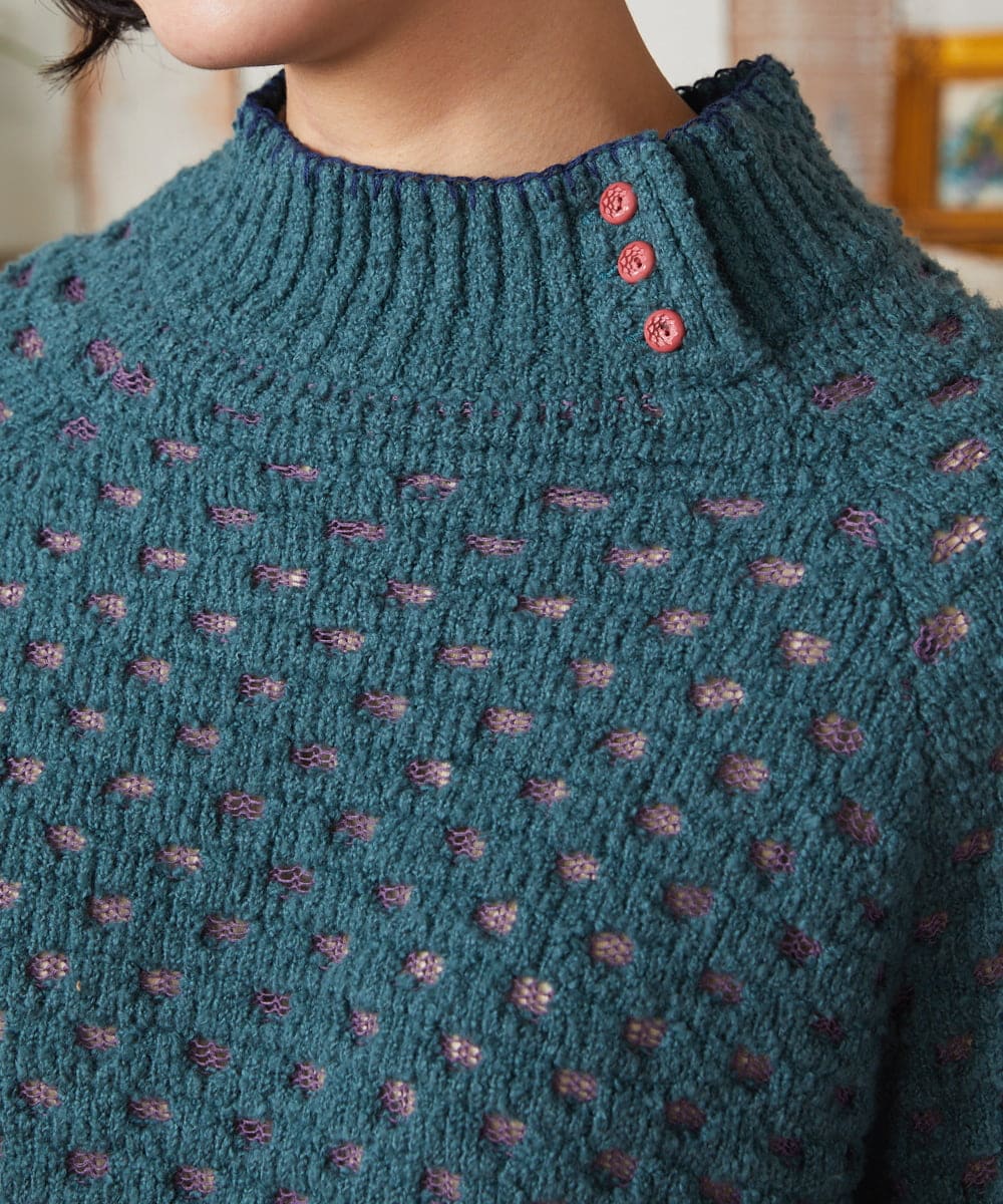 GJFAE34200 Jocomomola(ホコモモラ) Claraboya ドットシアーニットプルオーバー ブルーグリーン