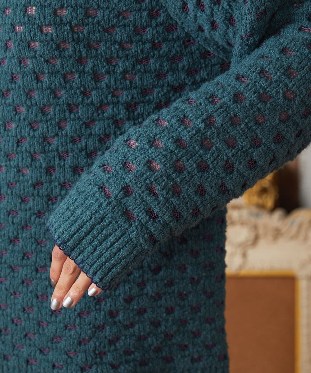 GJFAE34200 Jocomomola(ホコモモラ) Claraboya ドットシアーニットプルオーバー ブルーグリーン