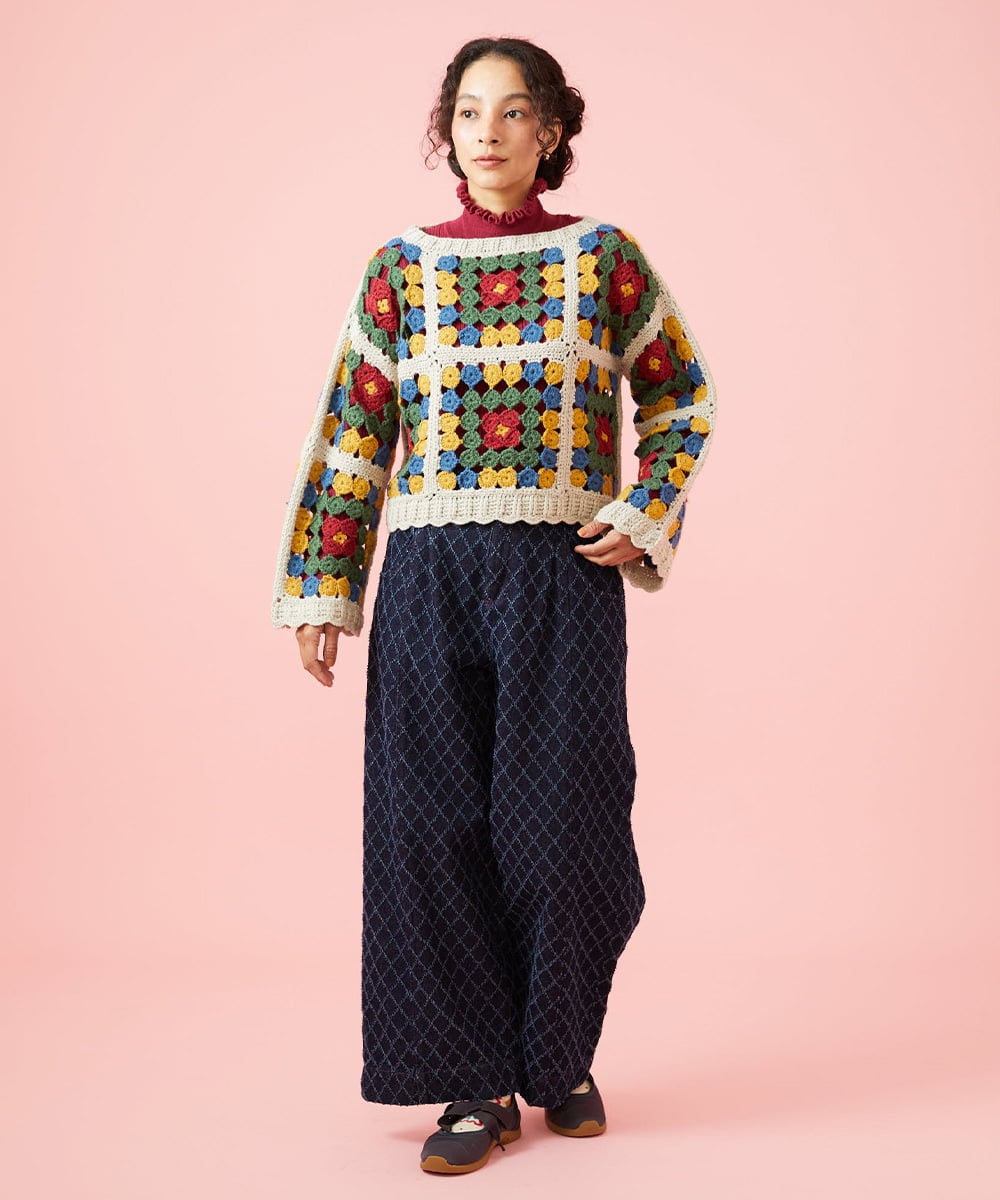 GJFAG72360 Jocomomola(ホコモモラ) Mural ドットクロッシェモチーフニットプルオーバー アイボリー