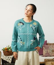 GJFCD01220 Jocomomola(ホコモモラ) El galgo フラワーモチーフニットプルオーバー グリーン