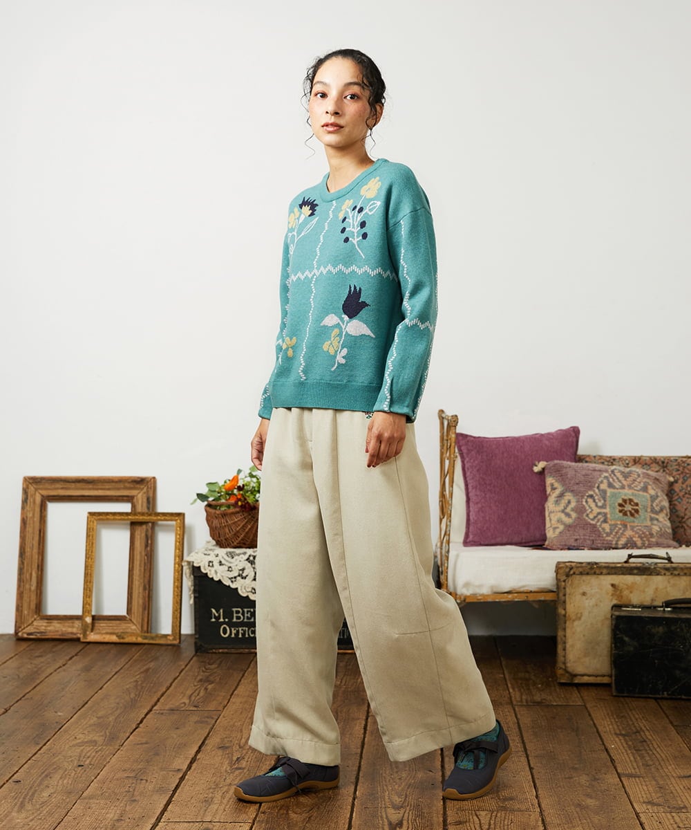 GJFCD01220 Jocomomola(ホコモモラ) El galgo フラワーモチーフニットプルオーバー グリーン