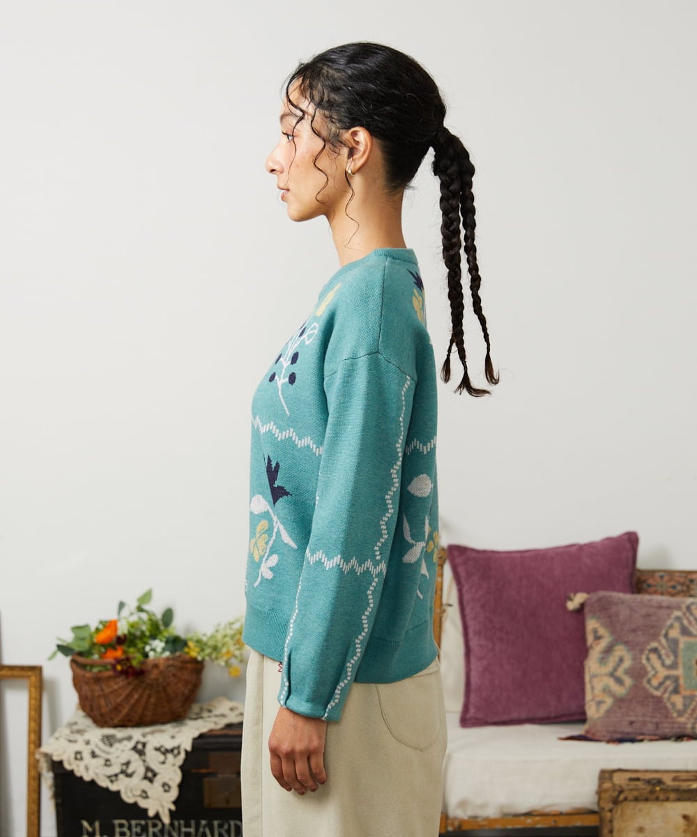 GJFCD01220 Jocomomola(ホコモモラ) El galgo フラワーモチーフニットプルオーバー グリーン