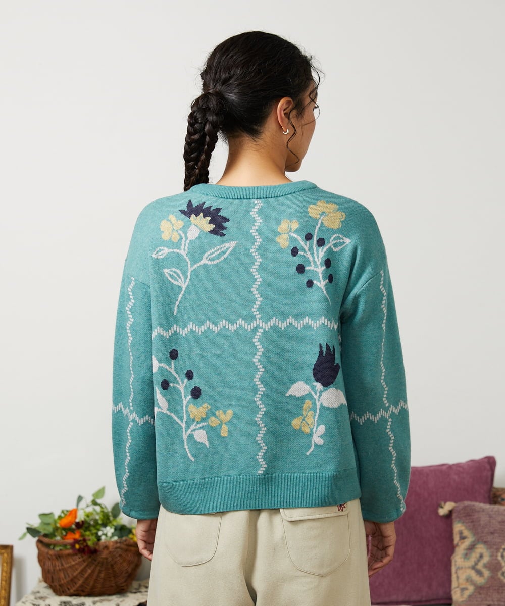 GJFCD01220 Jocomomola(ホコモモラ) El galgo フラワーモチーフニットプルオーバー グリーン