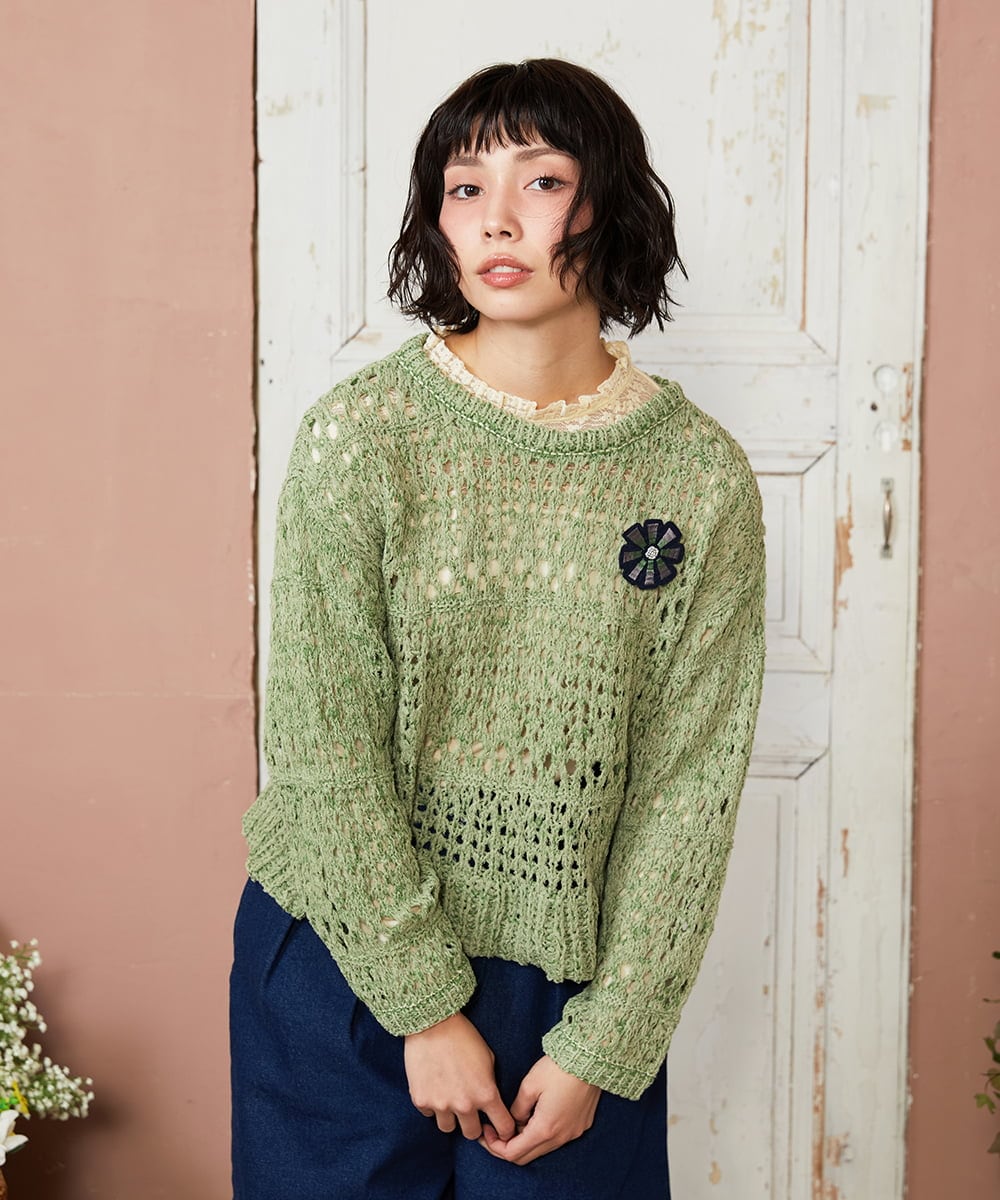 GJFDE02200 Jocomomola(ホコモモラ) Molino チュールヤーン透かし編みニット グリーン