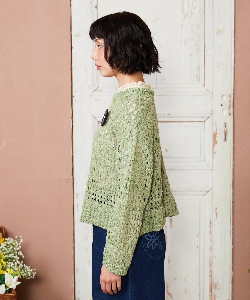 GJFDE02200 Jocomomola(ホコモモラ) Molino チュールヤーン透かし編みニット グリーン