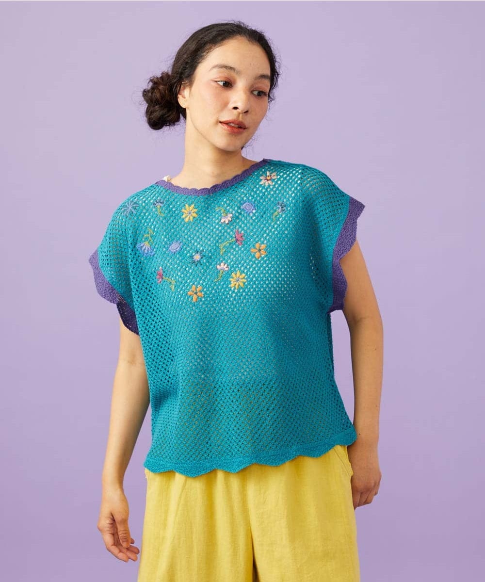 GJFFD31200 Jocomomola(ホコモモラ) 【2WAY】Volar フラワーモチーフ半袖ニットベスト ブルー