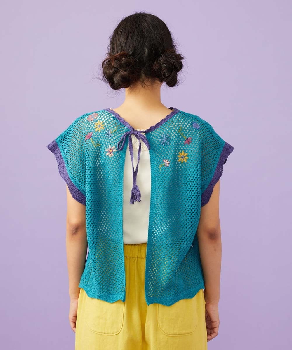 GJFFD31200 Jocomomola(ホコモモラ) 【2WAY】Volar フラワーモチーフ半袖ニットベスト ブルー